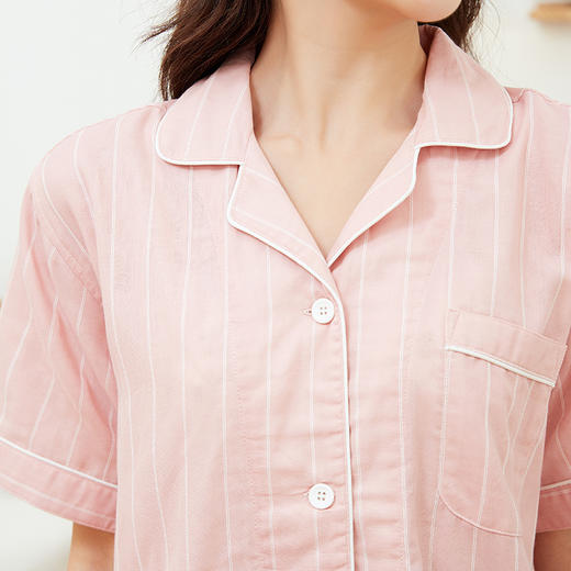 【竖条纹双层纱家居服】双层纱短袖家居服短袖全棉男女情侣竖条纹短袖长裤 商品图3