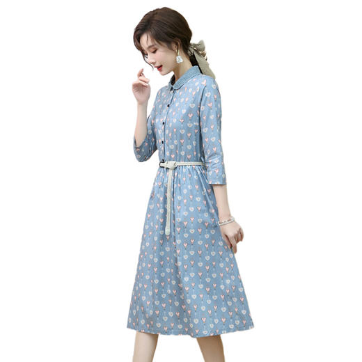 印花棉碎花知性优雅减龄修身连衣裙配腰带 商品图5