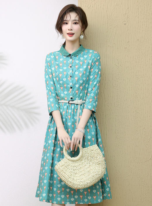 印花棉碎花知性优雅减龄修身连衣裙配腰带 商品图6