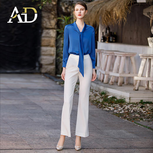 春季宝蓝色衬衫女高级感缎面长袖衬衣名媛气质两件套包臀鱼尾裙 商品图2