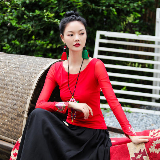 新款民族风打底衫，圆领修身刺绣显瘦T恤上衣SJ-6856 商品图1