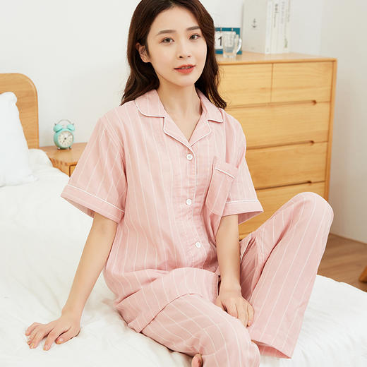 【竖条纹双层纱家居服】双层纱短袖家居服短袖全棉男女情侣竖条纹短袖长裤 商品图0