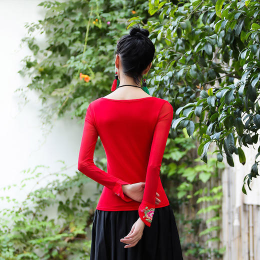 新款民族风打底衫，圆领修身刺绣显瘦T恤上衣SJ-6856 商品图3