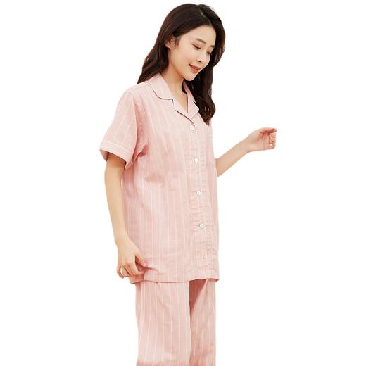 【竖条纹双层纱家居服】双层纱短袖家居服短袖全棉男女情侣竖条纹短袖长裤 商品图4
