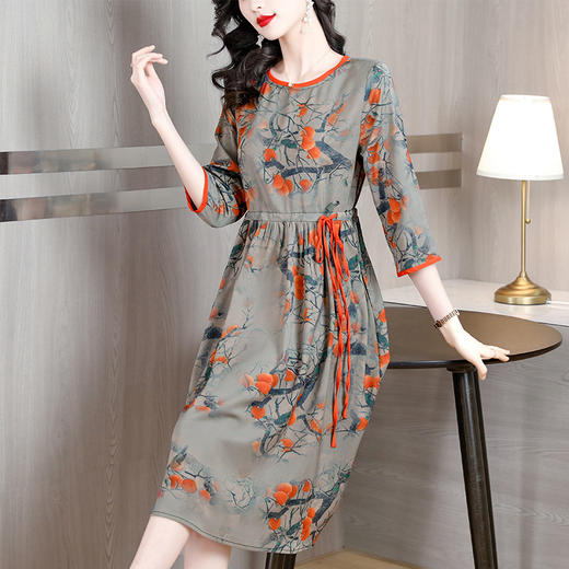 碎花法式洋气妈妈装收腰系带大码过膝裙AHM-dmss1826 商品图3