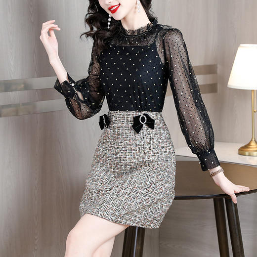 赫本风波点网纱新款气质拼接收腰假两件A字裙AHM-hxyr8002 商品图0