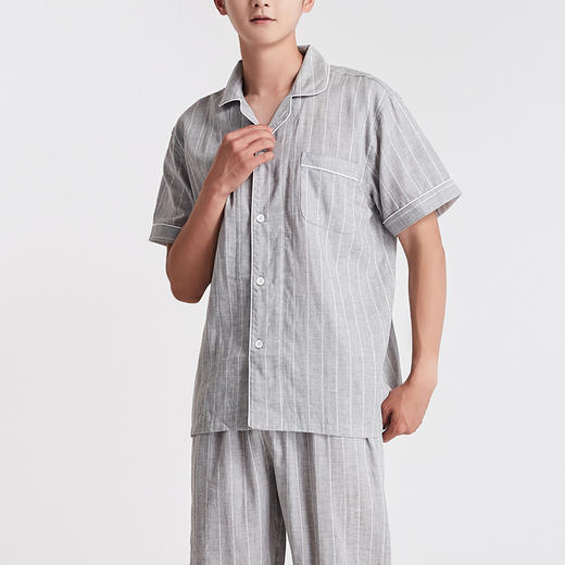 【竖条纹双层纱家居服】双层纱短袖家居服短袖全棉男女情侣竖条纹短袖长裤 商品图1