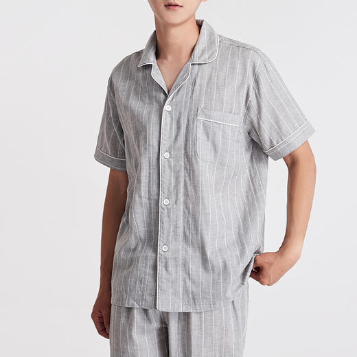 【竖条纹双层纱家居服】双层纱短袖家居服短袖全棉男女情侣竖条纹短袖长裤 商品图6