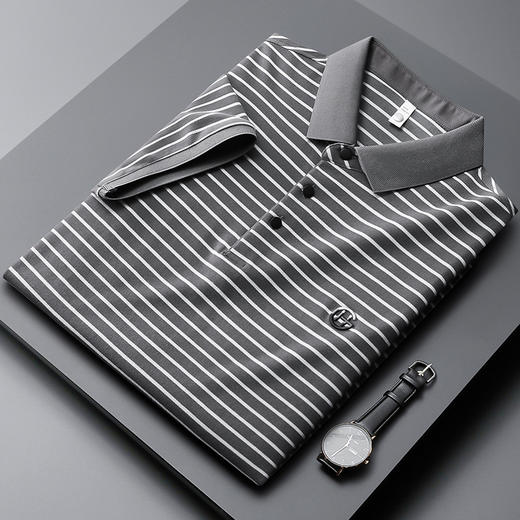 「四款配色！珠地网眼面料」夏季刺绣条纹短袖polo衫 男修身潮休闲商务翻领t恤保罗衫上衣 商品图0