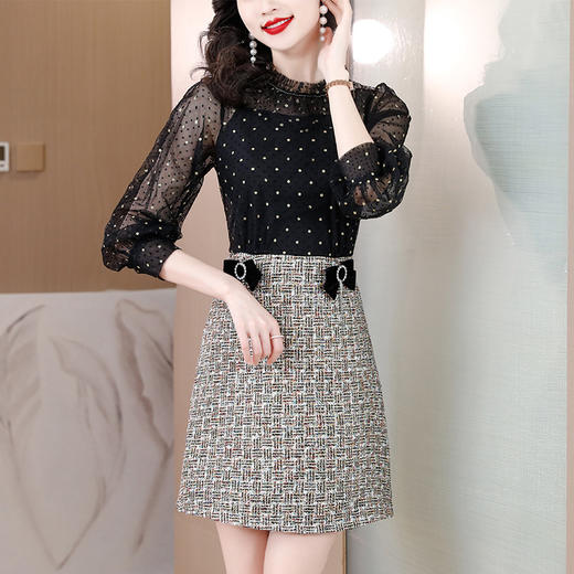 赫本风波点网纱新款气质拼接收腰假两件A字裙AHM-hxyr8002 商品图3