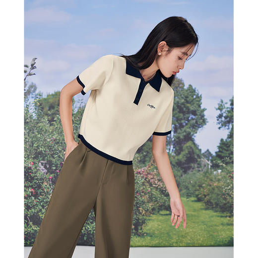初语法式气质polo领针织衫女短袖2023夏季新款显瘦短款T恤小个子 商品图2