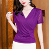 交叉V领纯色，网纱亮粉修身显瘦短袖打底衫KQL-M2581 商品缩略图0