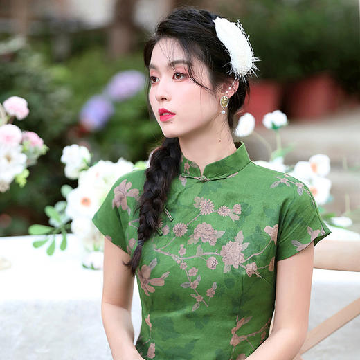 OYCP-230016女装复古旗袍2023年新款女装中国风苎麻印花连衣裙 商品图2