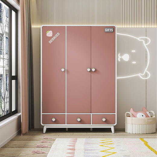 喜梦宝衣柜全实木储物柜现代简约儿童家用卧室收纳柜子三门衣橱 草莓糖系列 商品图0