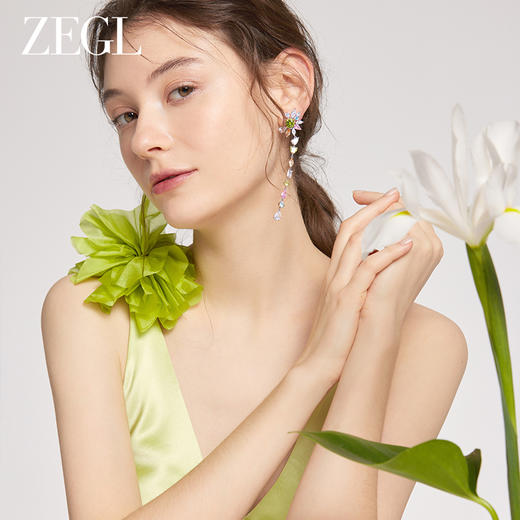 ZEGL设计师春日绽放系列彩色串珠流苏耳环女耳钉银针不对称耳饰品 商品图3