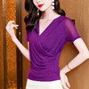 交叉V领纯色，网纱亮粉修身显瘦短袖打底衫KQL-M2581 商品缩略图2