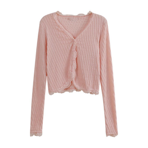 粉色防晒长袖衬衫女夏季薄款韩系chic设计感小众别致v领短款上衣 商品图4