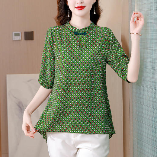 KQL-A83N6882 2023时尚棉质衬衫女装中袖复古民族风衬衫绿色时髦洋气小衫上衣 商品图0