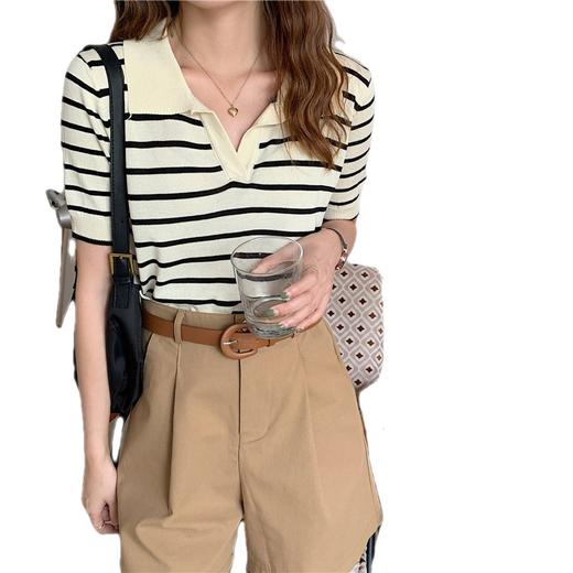 2024夏季新款POLO领条纹针织薄款短袖T恤上衣女衬衫 商品图4