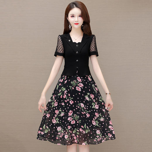 雪纺拼接假两件，印花时尚连衣裙QYM-AY8308-L 商品图1