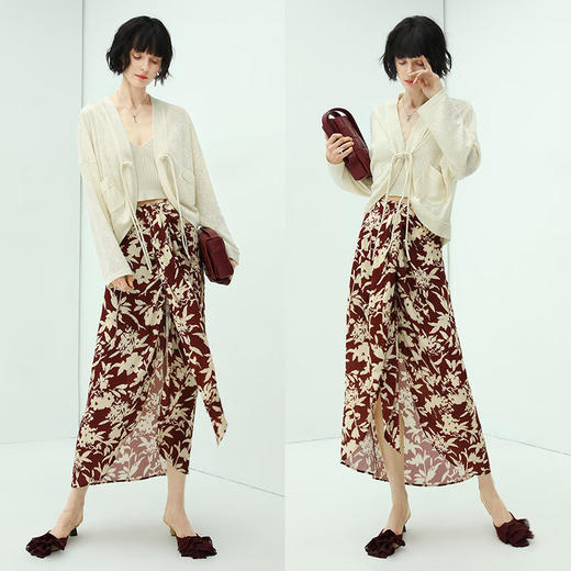 【有赞】COCOBELLA设计感飘带高腰印花半身裙夏前短后长遮胯长裙HS93 商品图1