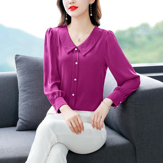 MZSMZ0451 2023春季新款真丝条纹长袖洋气遮肚子衬衣百搭桑蚕丝上衣时尚衬衫 商品图2