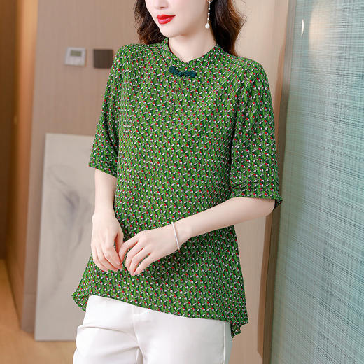 KQL-A83N6882 2023时尚棉质衬衫女装中袖复古民族风衬衫绿色时髦洋气小衫上衣 商品图1