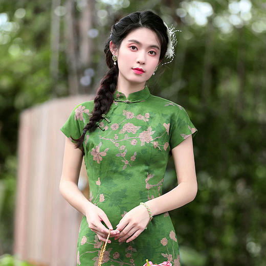 OYCP-230016女装复古旗袍2023年新款女装中国风苎麻印花连衣裙 商品图0