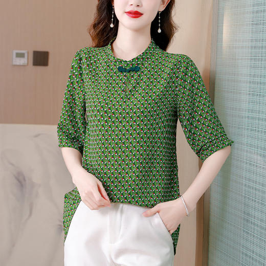 KQL-A83N6882 2023时尚棉质衬衫女装中袖复古民族风衬衫绿色时髦洋气小衫上衣 商品图2