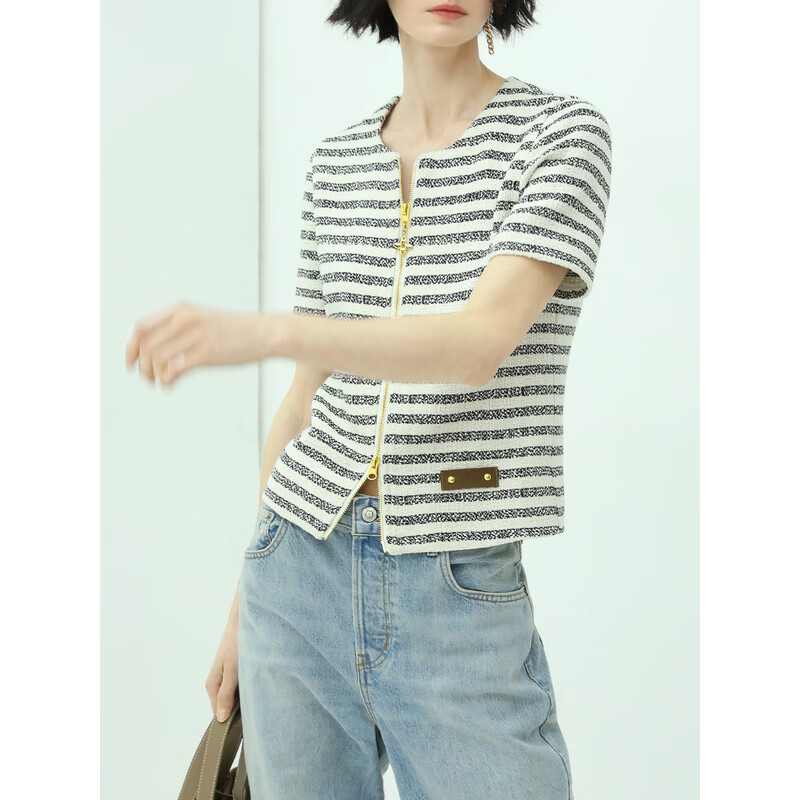 COCOBELLA小香风双开金属拉链短袖外套女质感花呢条纹开衫SC549