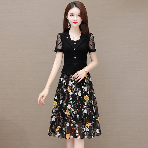 雪纺拼接假两件，印花时尚连衣裙QYM-AY8308-L 商品图0