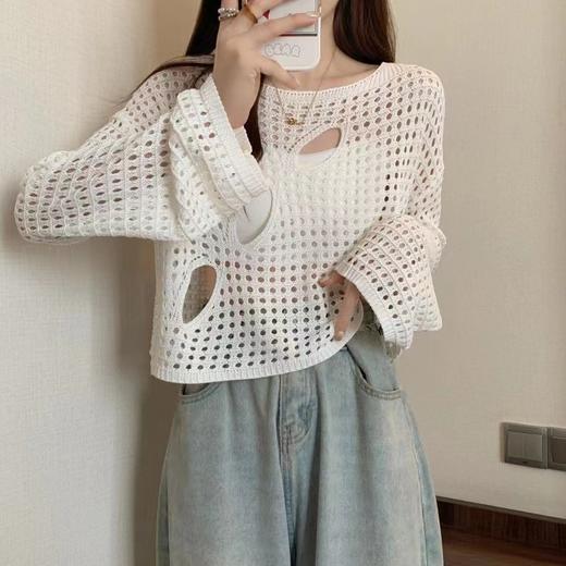 辣妹小香风春季镂空防晒针织衫罩衫休闲风时尚短款长袖上衣 商品图3