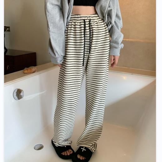 肌理感条纹毛巾裤女2023春新款高腰显瘦宽松垂感直筒阔腿拖地长裤 商品图5