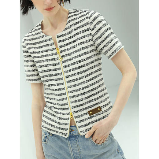 COCOBELLA小香风双开金属拉链短袖外套女质感花呢条纹开衫SC549 商品图3