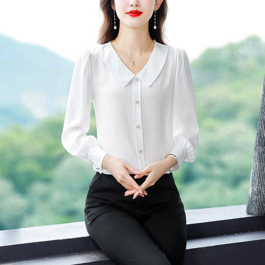 MZSMZ0451 2023春季新款真丝条纹长袖洋气遮肚子衬衣百搭桑蚕丝上衣时尚衬衫 商品图3