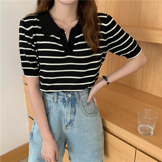 2024夏季新款POLO领条纹针织薄款短袖T恤上衣女衬衫 商品图1
