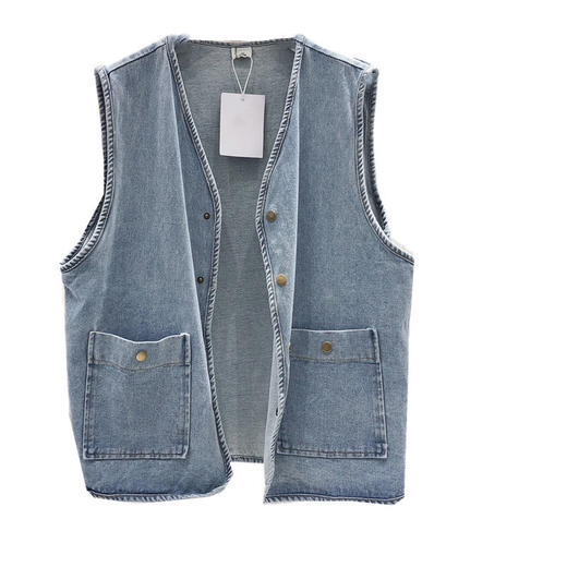 2023春新款复古洗水牛仔马甲女宽松韩版大口袋单排扣无袖背心外套 商品图4