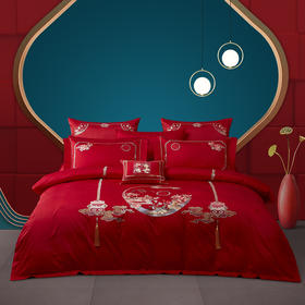 利路米大红百支棉婚庆六件套花前月下精致刺绣床品