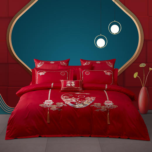 利路米大红百支棉婚庆六件套花前月下精致刺绣床品 商品图0