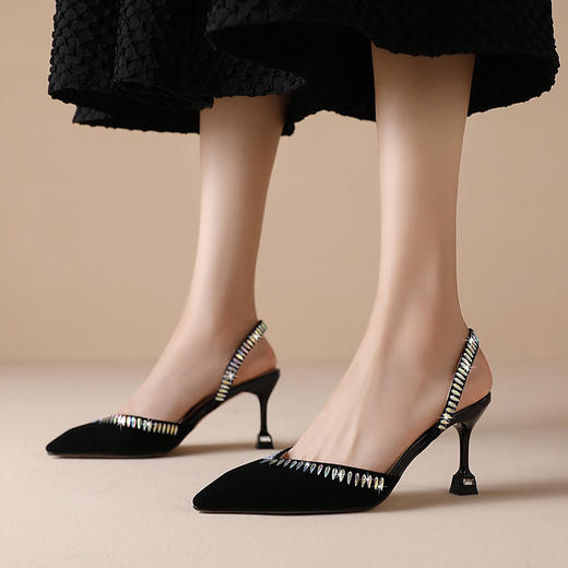 OLD夏季尖头高跟鞋时尚包头凉鞋女士细跟性感磨砂翻皮水钻扣带女鞋 商品图2