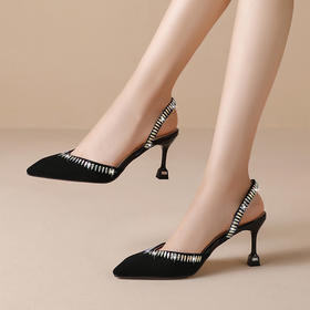 OLD夏季尖头高跟鞋时尚包头凉鞋女士细跟性感磨砂翻皮水钻扣带女鞋