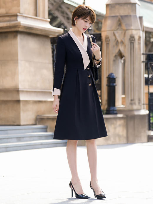 西装连衣裙高级感气质黑色拼接大摆中长裙子 商品图3