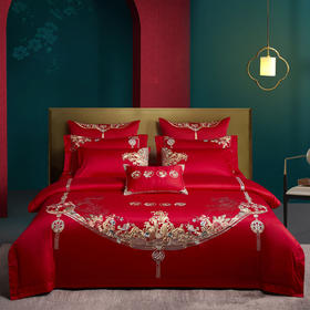 利路米大红百支棉婚庆六件套福䘵喜财精致刺绣床品