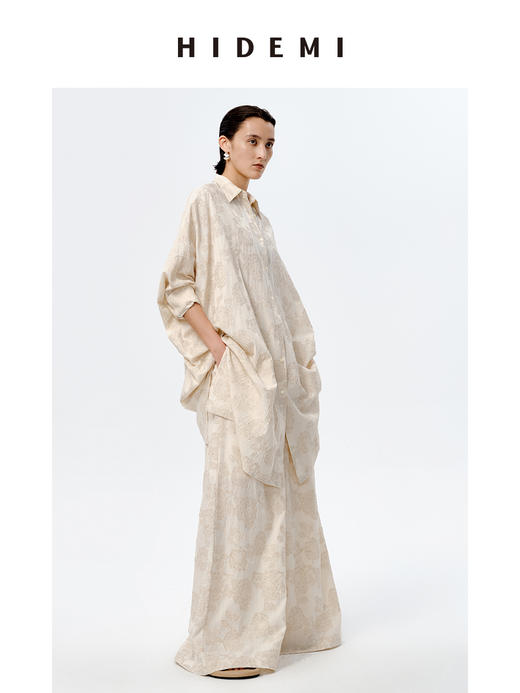 HIDEMI 艺术感色织提花水洗亚麻长款衬衫裙套装 长款衬衫裙/阔腿裤 商品图2