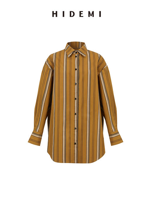 HIDEMI条纹色织水洗棉衬衫套装 衬衫/阔腿裤 姜黄色/棕色 商品图13