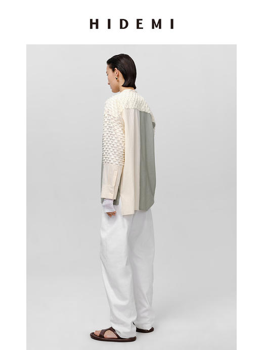 HIDEMI极简异材质拼接设计感廓形圆领衬衫 商品图8