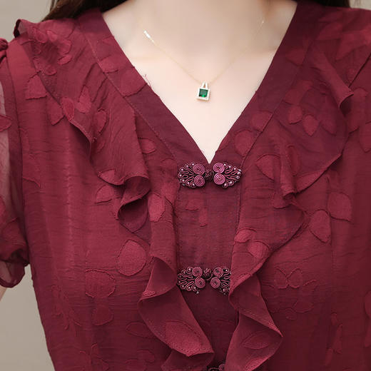 夏款时尚复古雪纺裙V领短袖荷叶边拼接气质压花连衣裙QYM-OMS-JMA316-L 商品图3