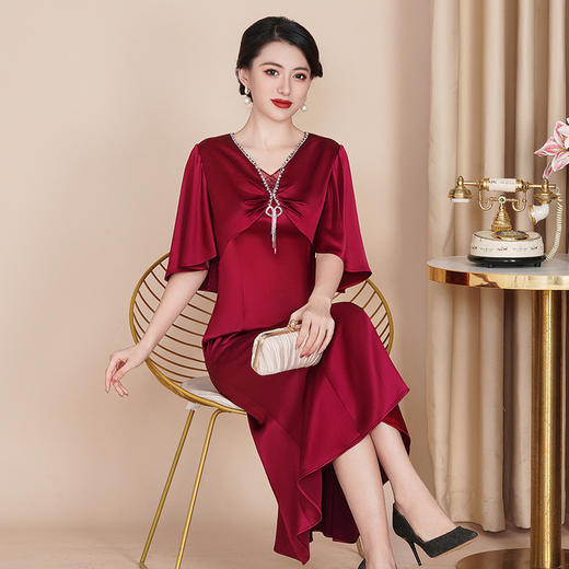 WX-8819醋酸旗袍酒红色婚宴中长款显瘦大码连衣裙夏季 商品图1