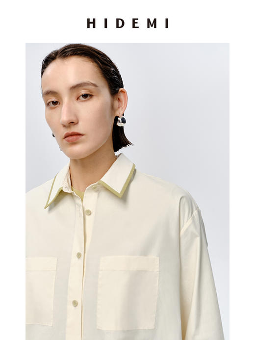 HIDEMI极简设计感白色牛油果绿镶嵌拼色款口袋廓形衬衫 商品图7