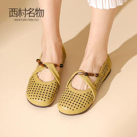 西村名物2023夏季新款复古森系镂空单鞋平底女鞋浅口玛丽珍13171